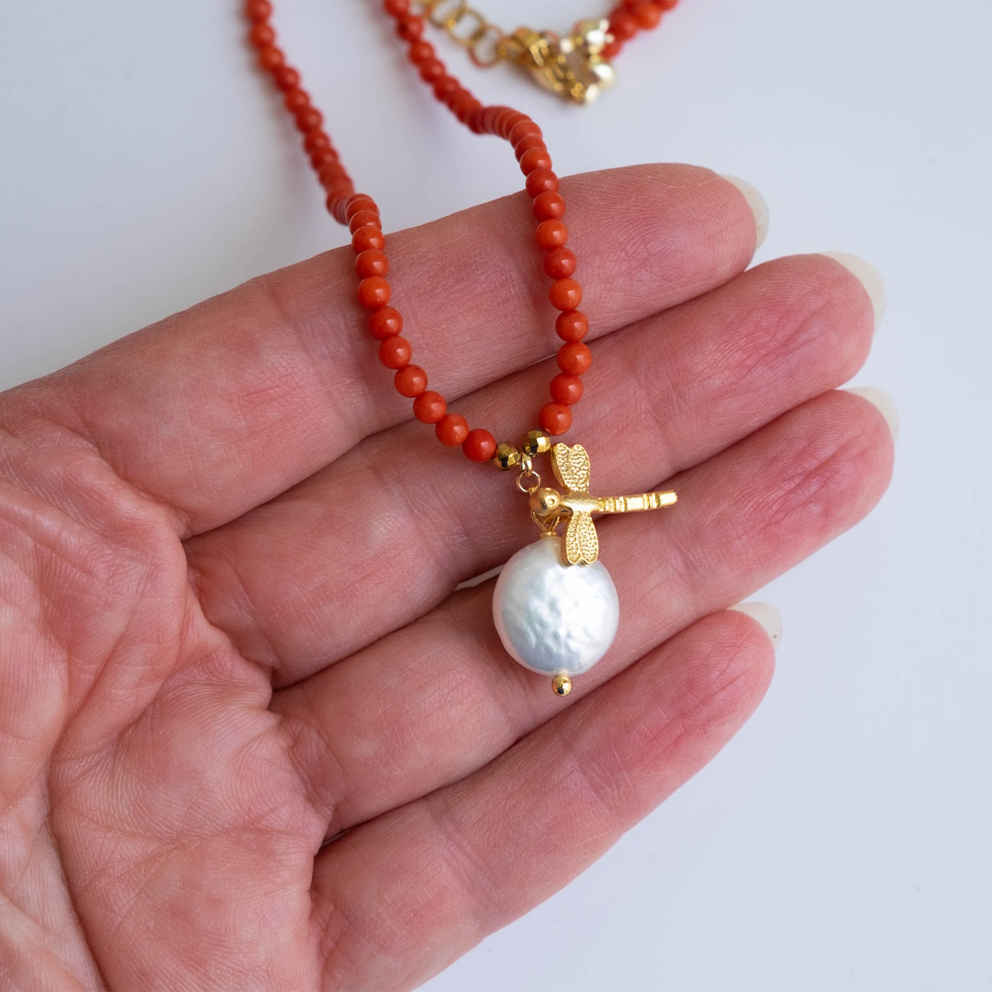 COLLANA CORALLO BAMBOO LIBELLULA E PERLA x 4 (2)