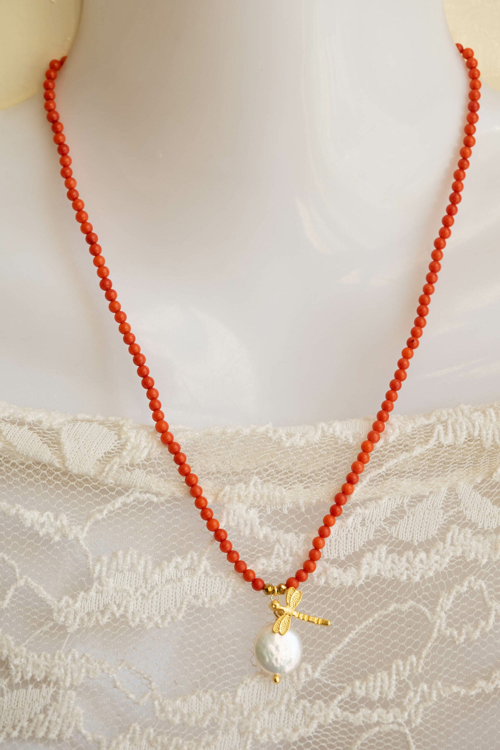COLLANA CORALLO BAMBOO LIBELLULA E PERLA x 4 (5)