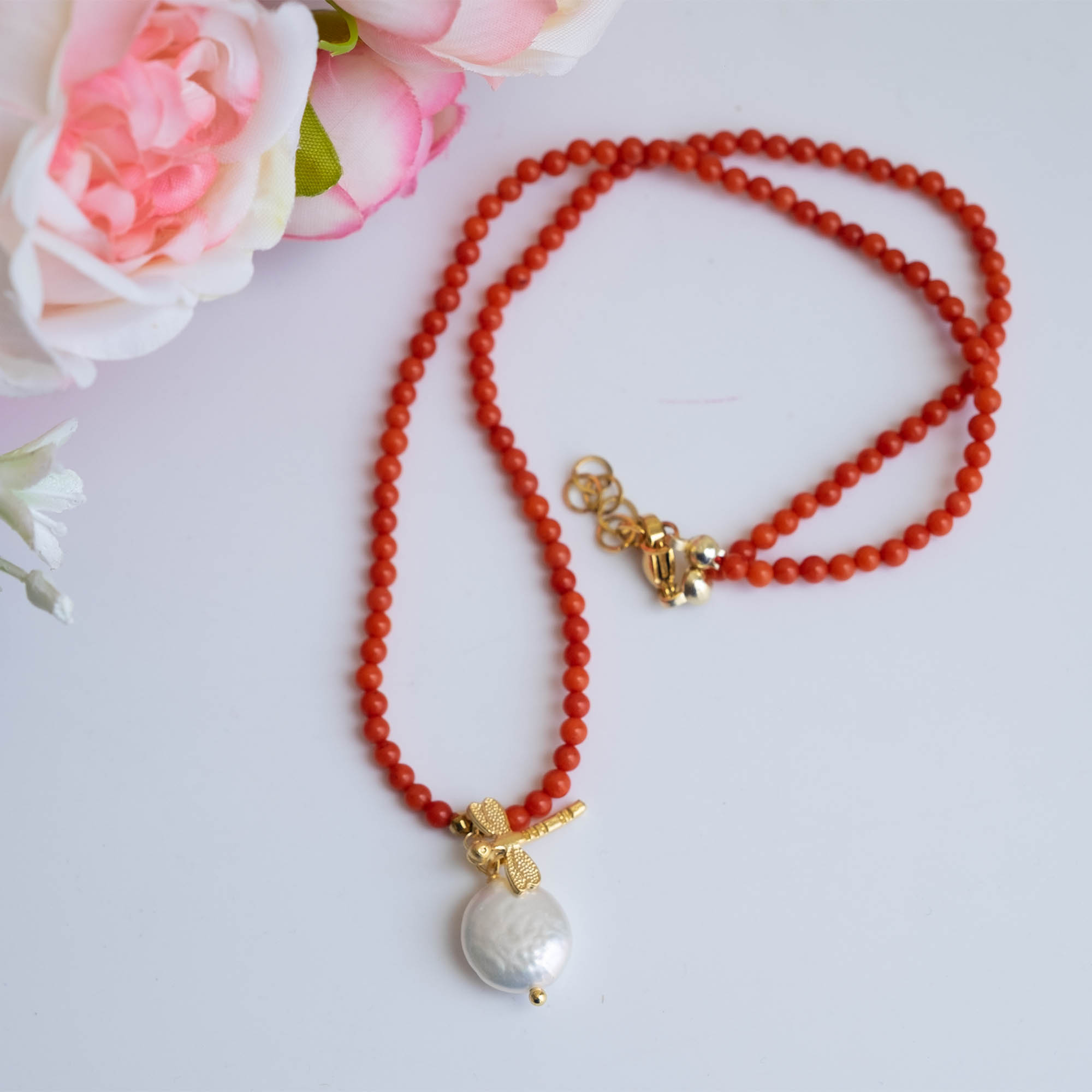 COLLANA CORALLO BAMBOO LIBELLULA E PERLA x 4 (6)