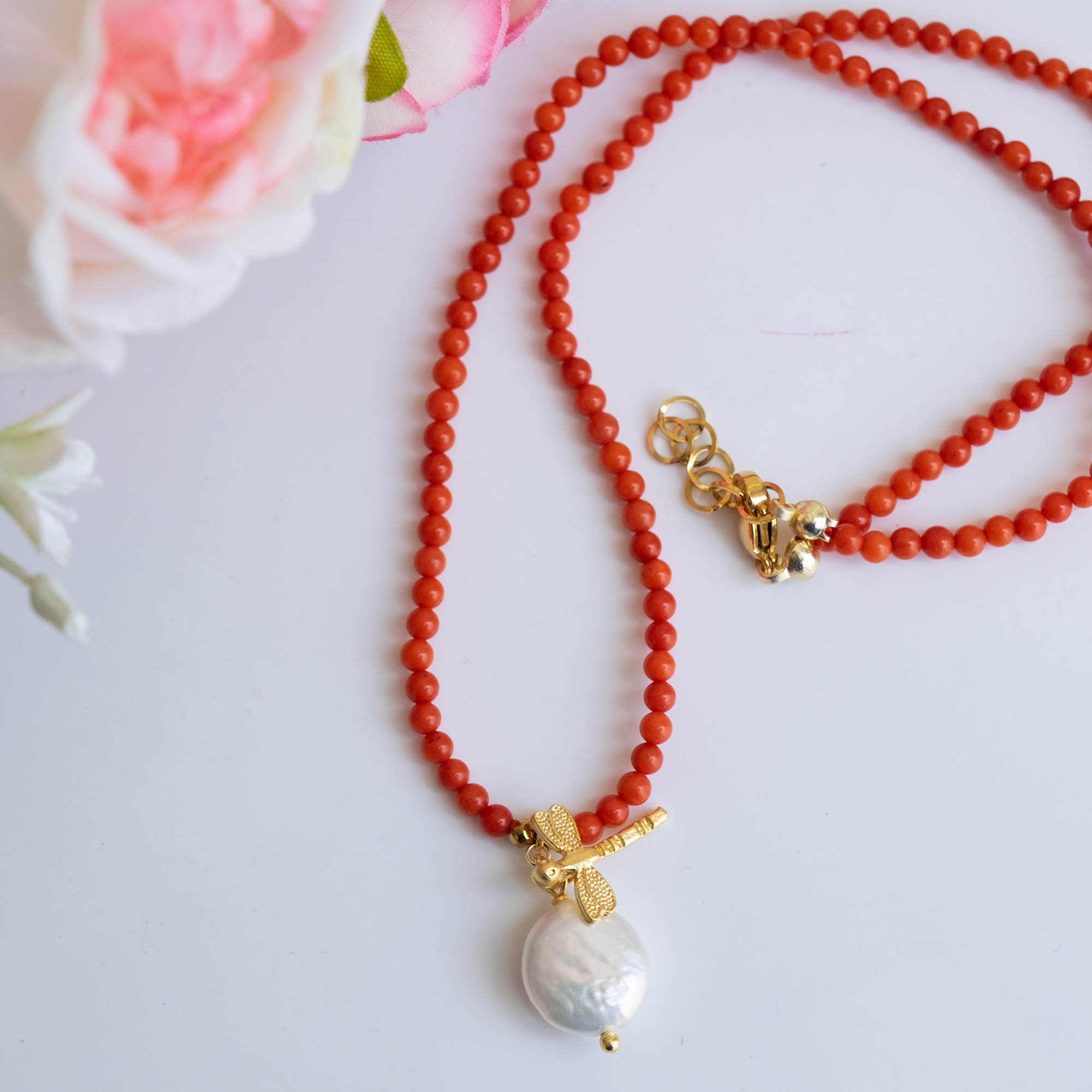 COLLANA CORALLO BAMBOO LIBELLULA E PERLA x 4 (7)