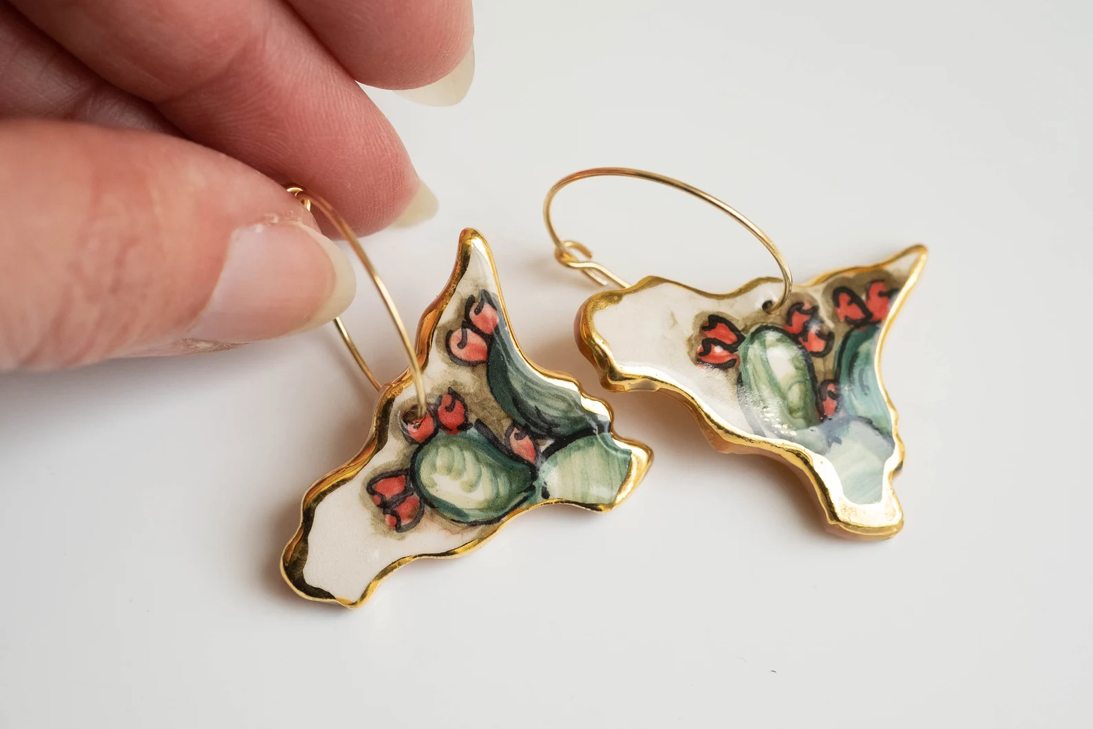 ORECCHINI ARTIGIANALI CERAMICA DI CALTAGIRONE SICILIA FICO D'INDIA ARGENTO 925 (9)