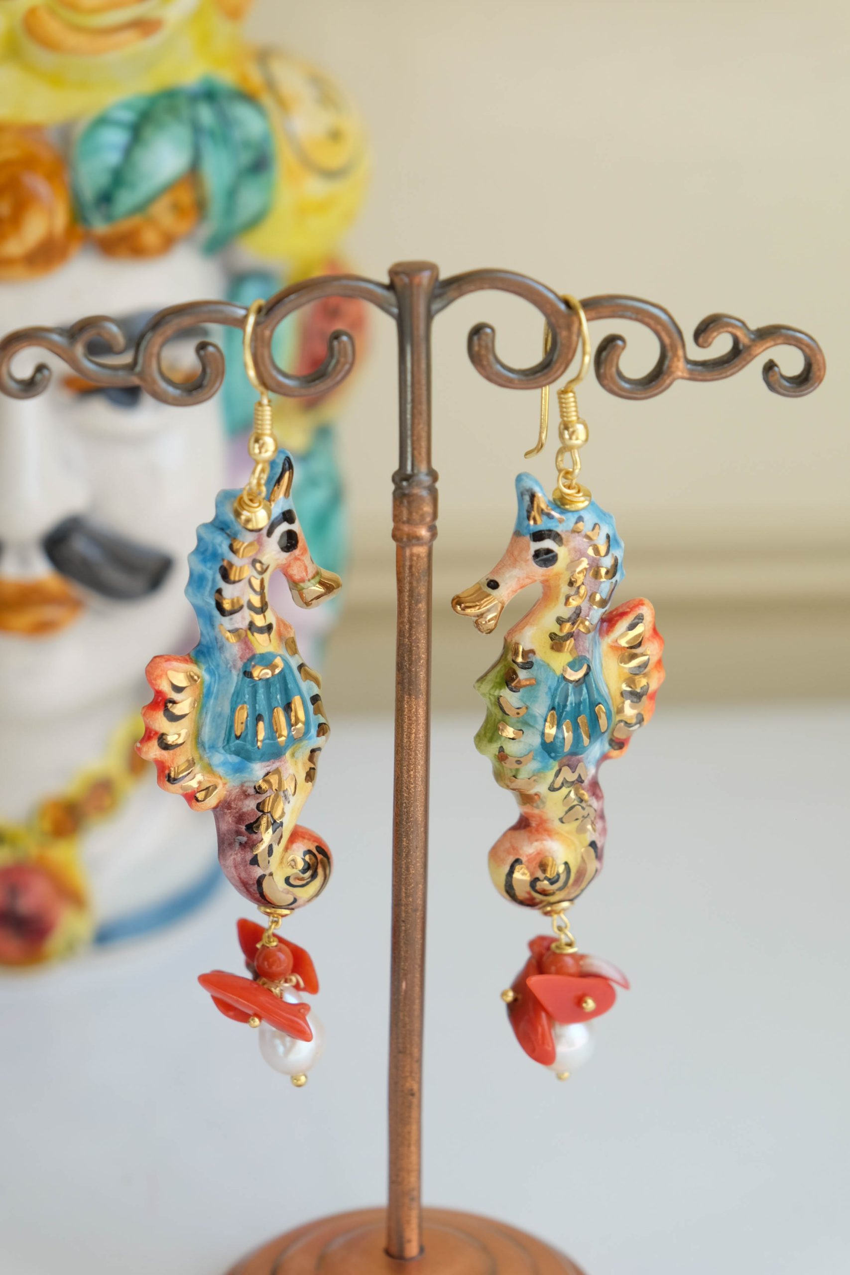 SICILIAN CAVALLUCCIO EARRINGS CALTAGIRONE CERAMIC CORAL PEARLS (1)