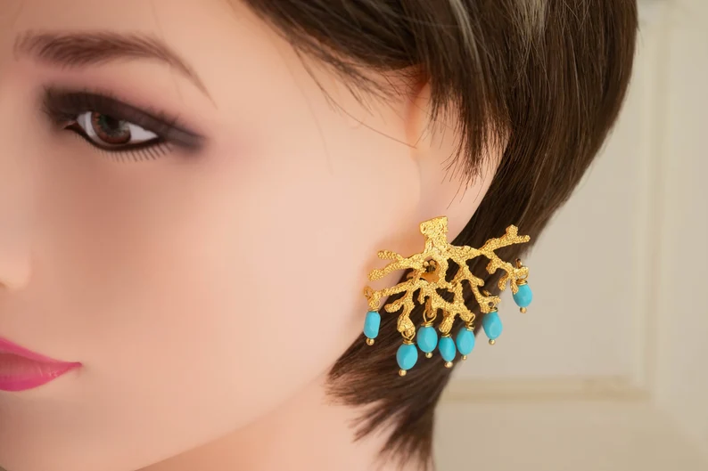 Turquoise paste and coral branch earrings in 925 silver 2