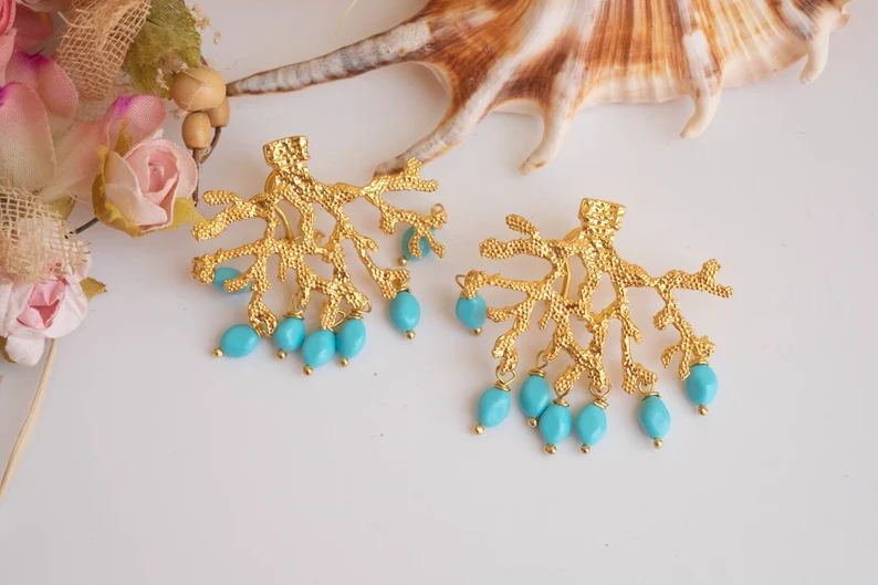 Turquoise paste and coral branch earrings in 925 silver 3