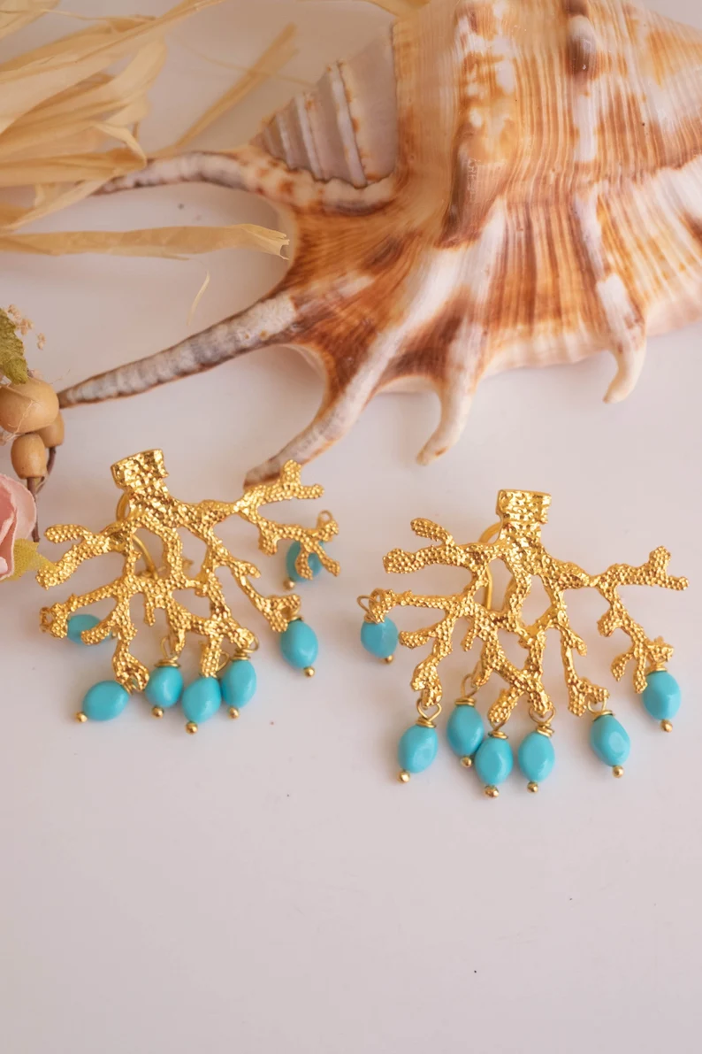 Turquoise paste and coral branch earrings in 925 silver 4