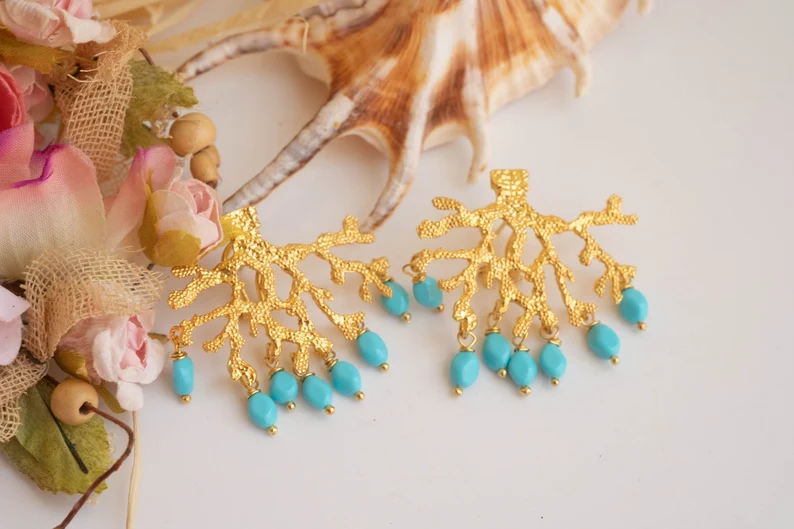 Turquoise paste and coral branch earrings in 925 silver