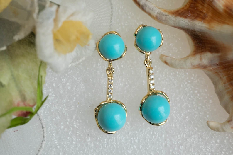 Turquoise paste pendant earrings with zircons and 925 silver