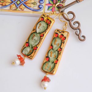 Orecchini Mattonelle Lingotti Ceramica Fico d'India Perle Corallo