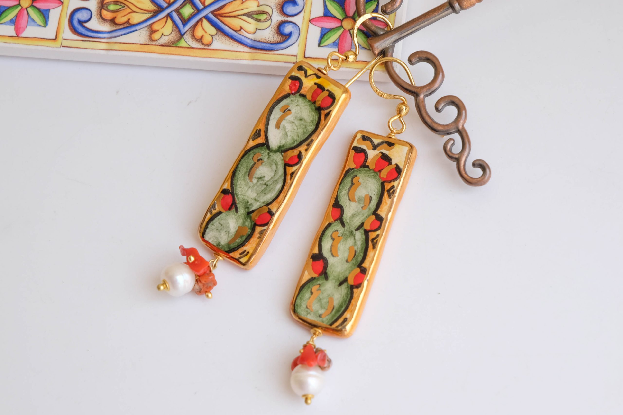 CALTAGIRONE CERAMIC INGOTS EARRINGS CORAL PEARLS PRICKLY PEAR (3)