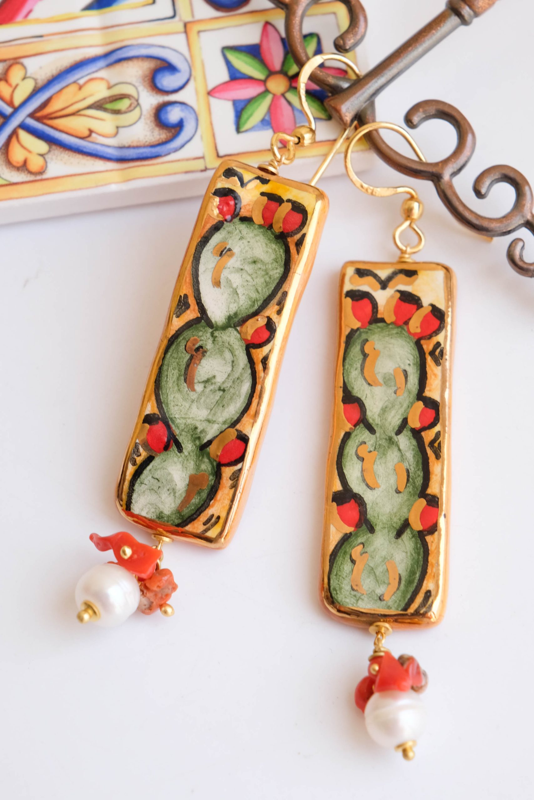 CALTAGIRONE CERAMIC INGOTS EARRINGS CORAL PEARLS PRICKLY PEAR (4)