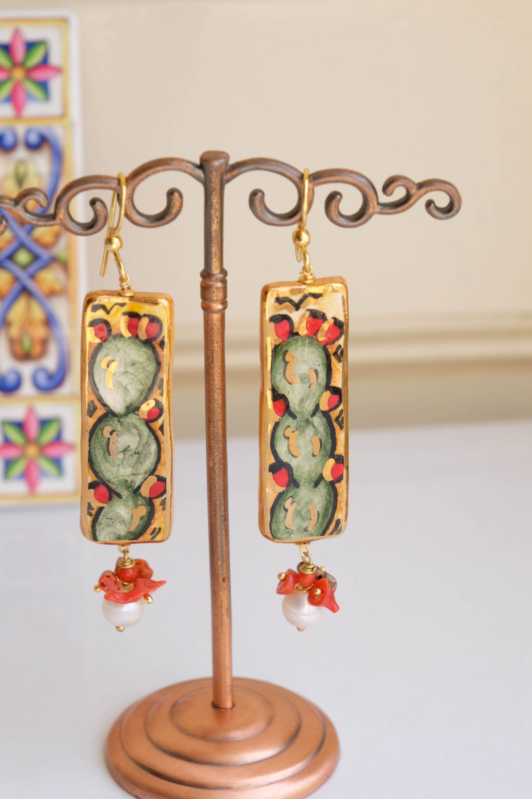 CALTAGIRONE CERAMIC INGOTS EARRINGS CORAL PEARLS PRICKLY PEAR (5)