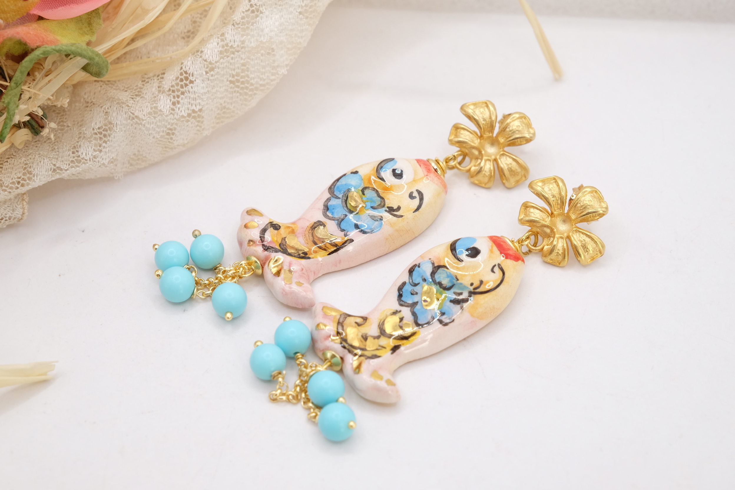 ORECCHINI ARTIGIANALI PESCI PASTA DI TURCHESE CERAMICA DI CALTAGIRONE (3)