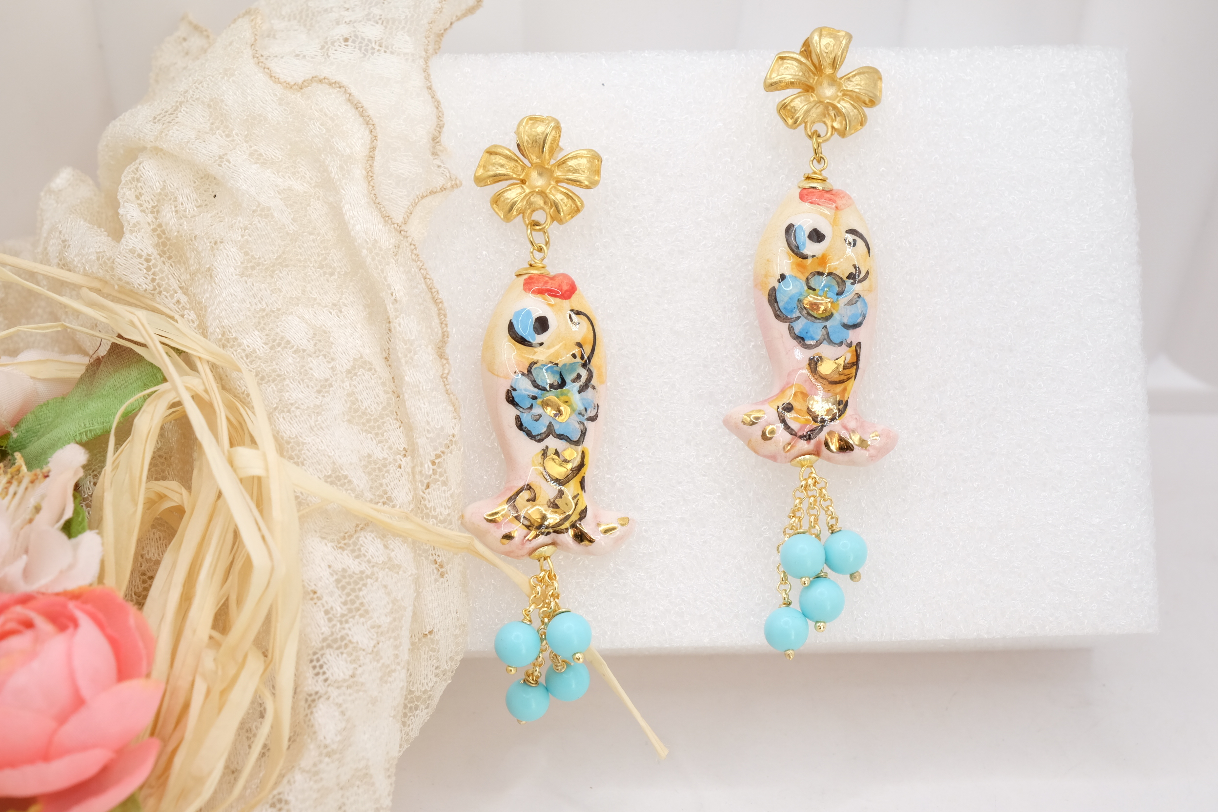 ORECCHINI ARTIGIANALI PESCI PASTA DI TURCHESE CERAMICA DI CALTAGIRONE (4)