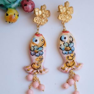 Orecchini Pesci Ceramica di Caltagirone Pasta di Corallo
