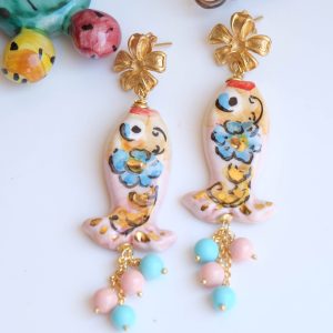 Orecchini Pesci Ceramica di Caltagirone Pasta di Corallo e Turchese