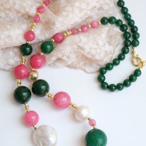 Collana Perle Naturali Giada Fuxia e Verde Argento 925 placcato oro