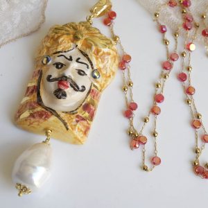 Collana Lunga Testa di Moro Ceramica Caltagirone Giallo