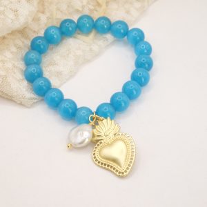 Bracciale Occhio di Gatto Azzurro Sacro Cuore Perla Naturale