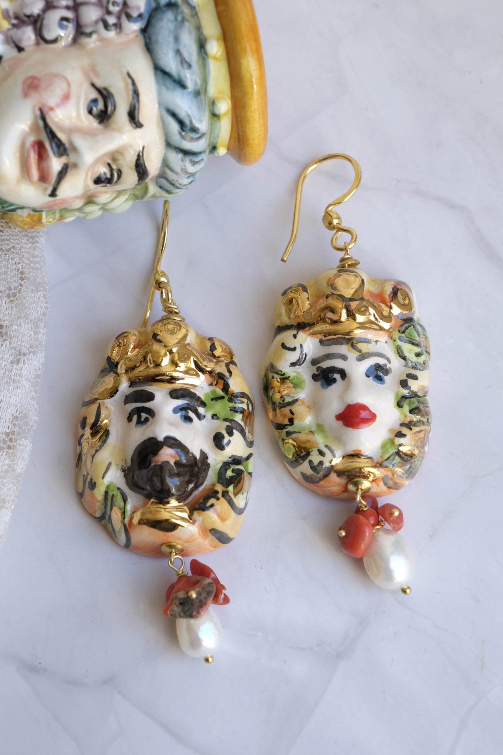 MOOR'S HEAD EARRINGS CALTAGIRONE CERAMIC LARGE CORAL PEARLS C (1)