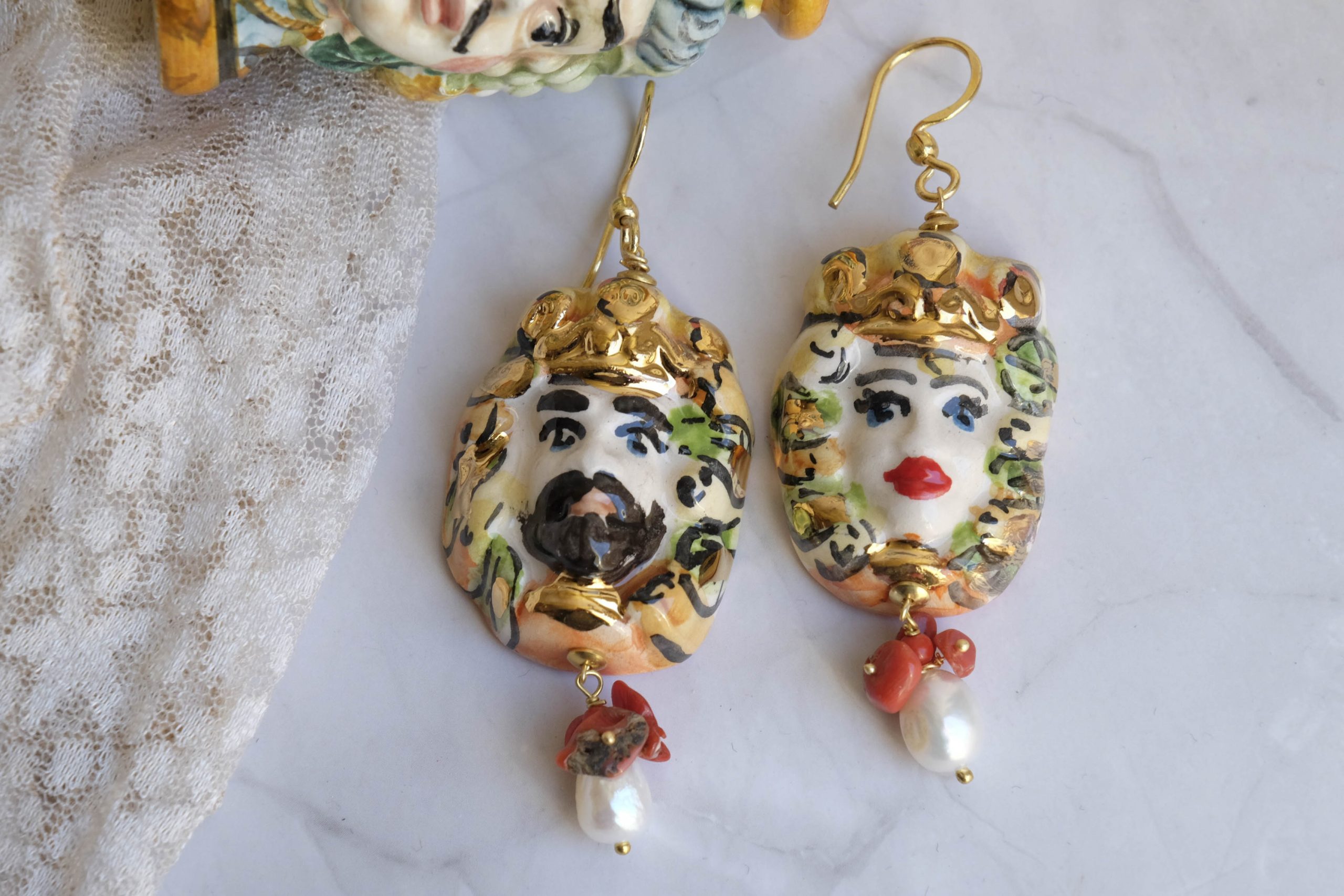 MOOR'S HEAD EARRINGS CALTAGIRONE CERAMIC LARGE CORAL PEARLS C (2)
