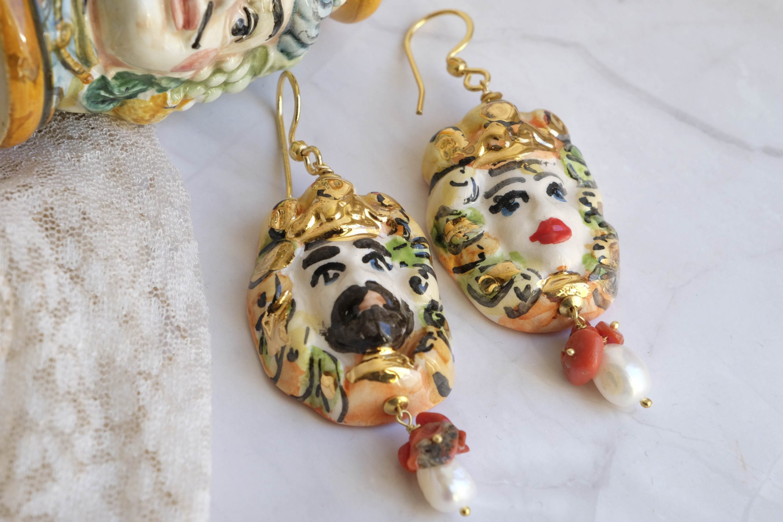 MOOR'S HEAD EARRINGS CALTAGIRONE CERAMIC LARGE CORAL PEARLS C (3)