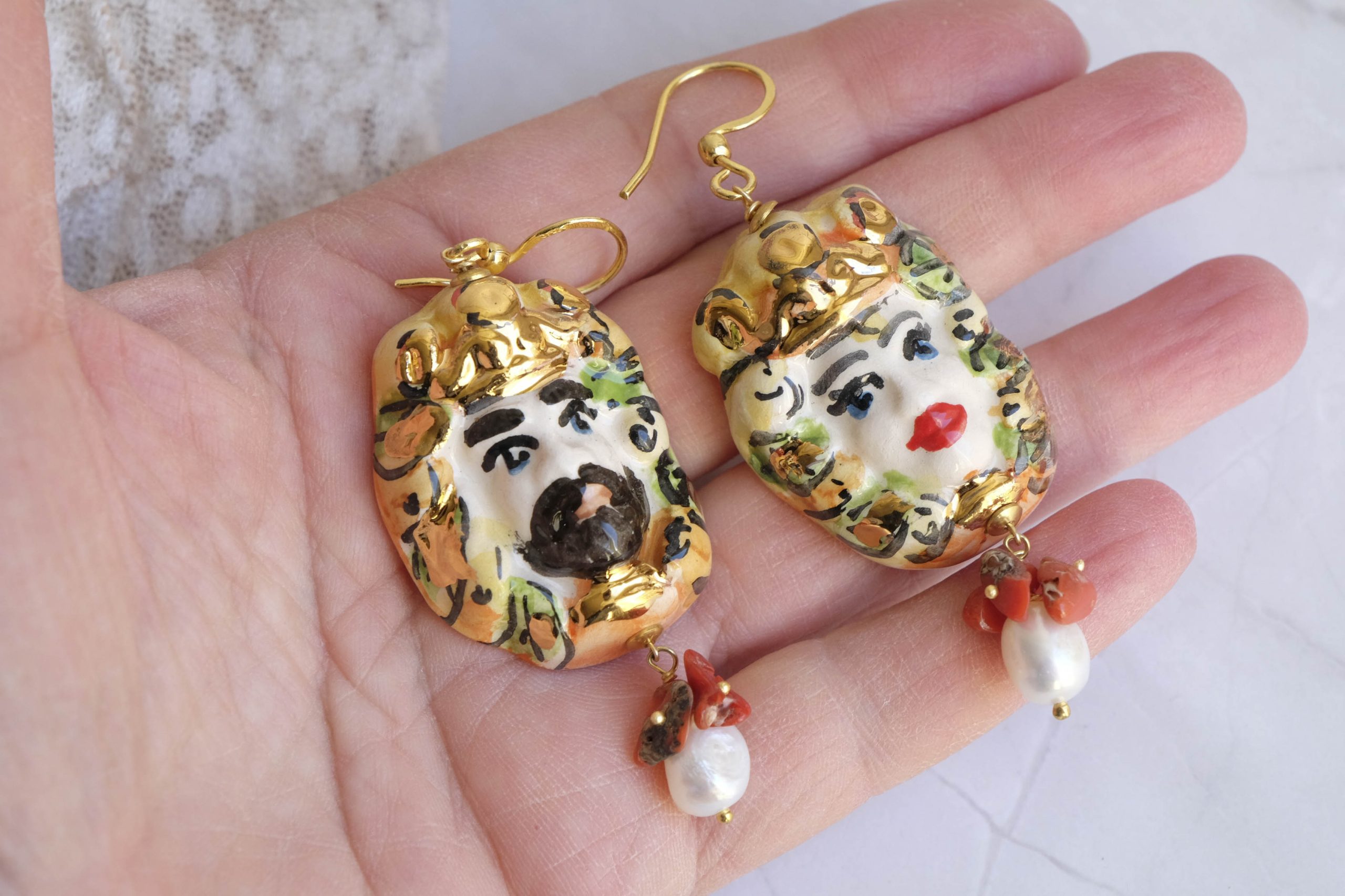 MOOR'S HEAD EARRINGS CALTAGIRONE CERAMIC LARGE CORAL PEARLS C (4)