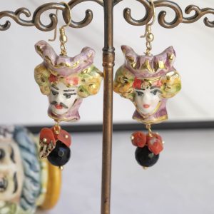 Orecchini siciliani Teste di Moro onice e corallo