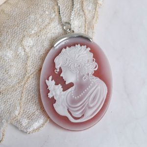 Collana cammeo volto dama agata rossa argento rodiato