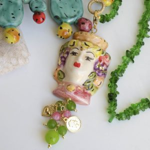 Collana Testa di Moro Ceramica Caltagirone Giada Verde Rosa