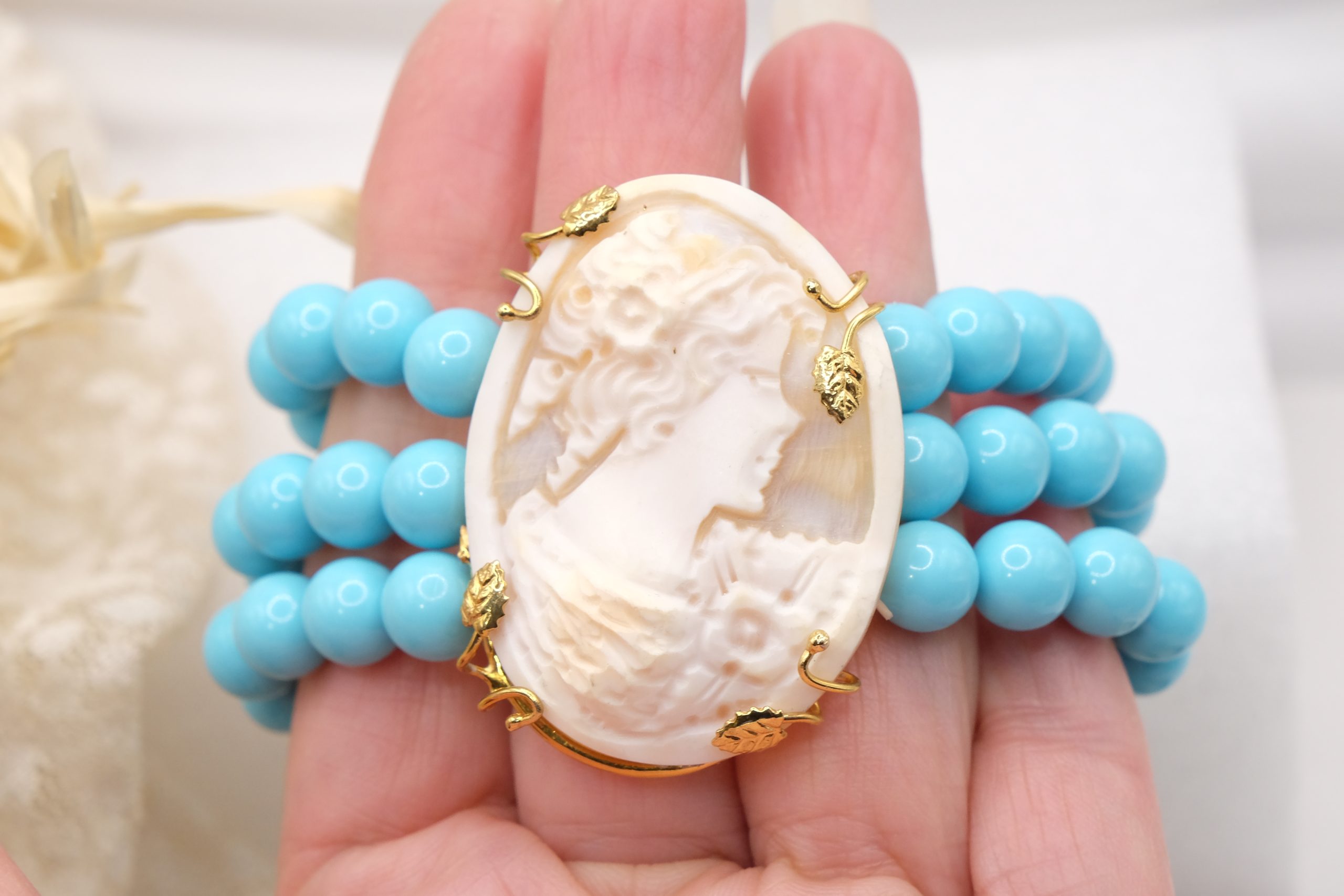 3 ROW TURQUOISE PASTE CAMEO BRACELET (1)