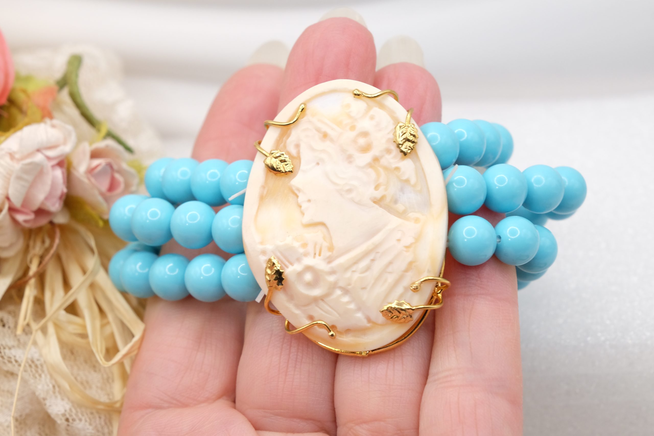 3 ROW TURQUOISE PASTE CAMEO BRACELET (2)