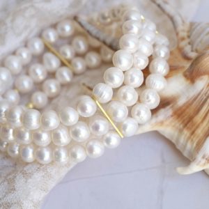 Bracciale Elasticizzato 3 fili Perle Bianche Naturali Argento Dorato