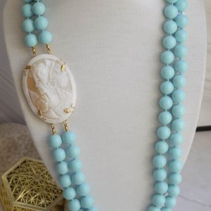 Collana 2 file pasta di turchese e Cammeo di Torre del Greco