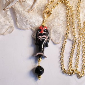 Collana Pesce in Vetro Nero di Murano Vintage e Cristalli