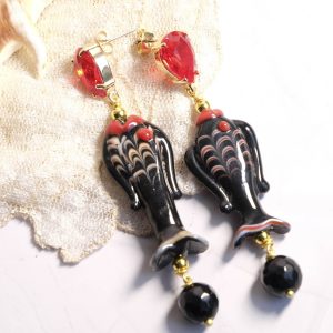 Orecchini Pesci in Vetro Nero di Murano Vintage e Cristalli