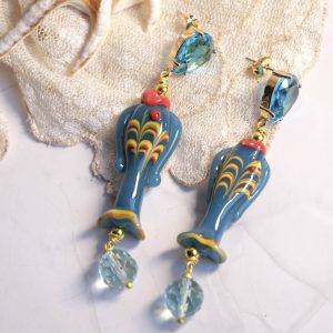 Orecchini Pesci in Vetro Azzurro di Murano Vintage e Cristalli