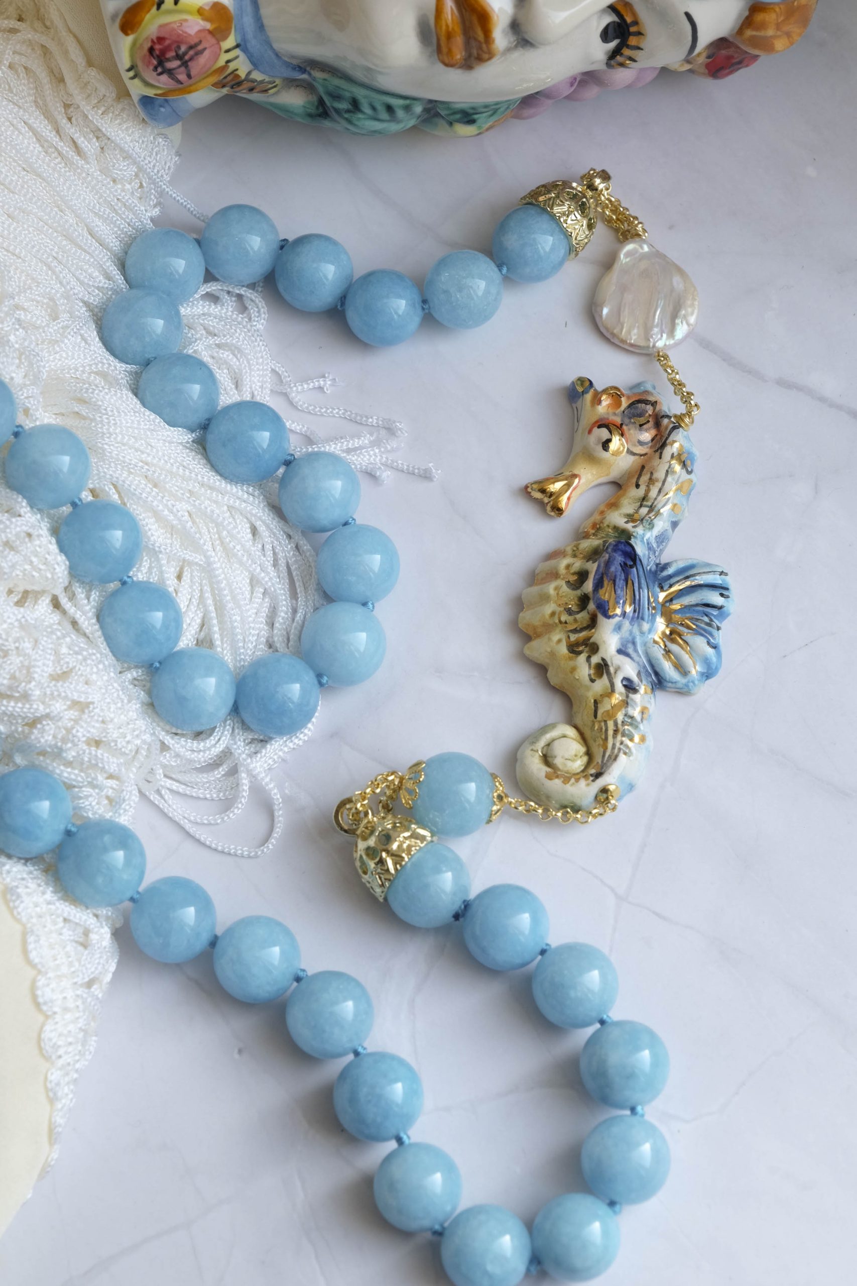 CALTAGIRONE CERAMIC ANGELITE AND SEAHORSE NECKLACE (1)