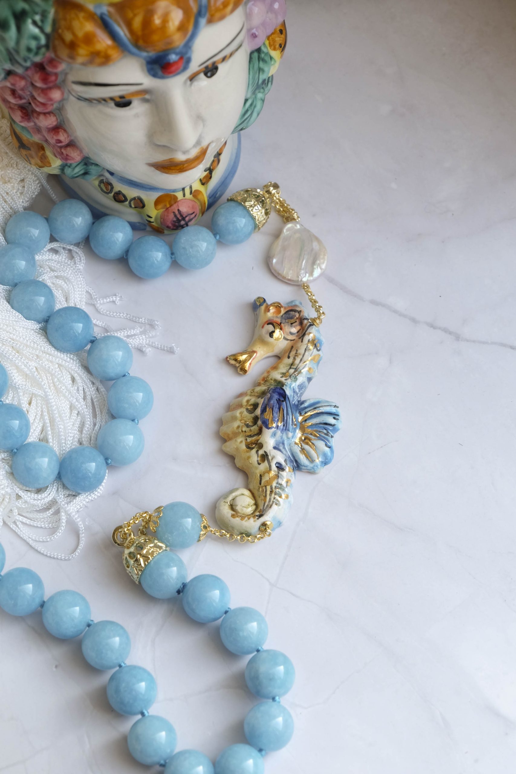 CALTAGIRONE CERAMIC ANGELITE AND SEAHORSE NECKLACE (3)