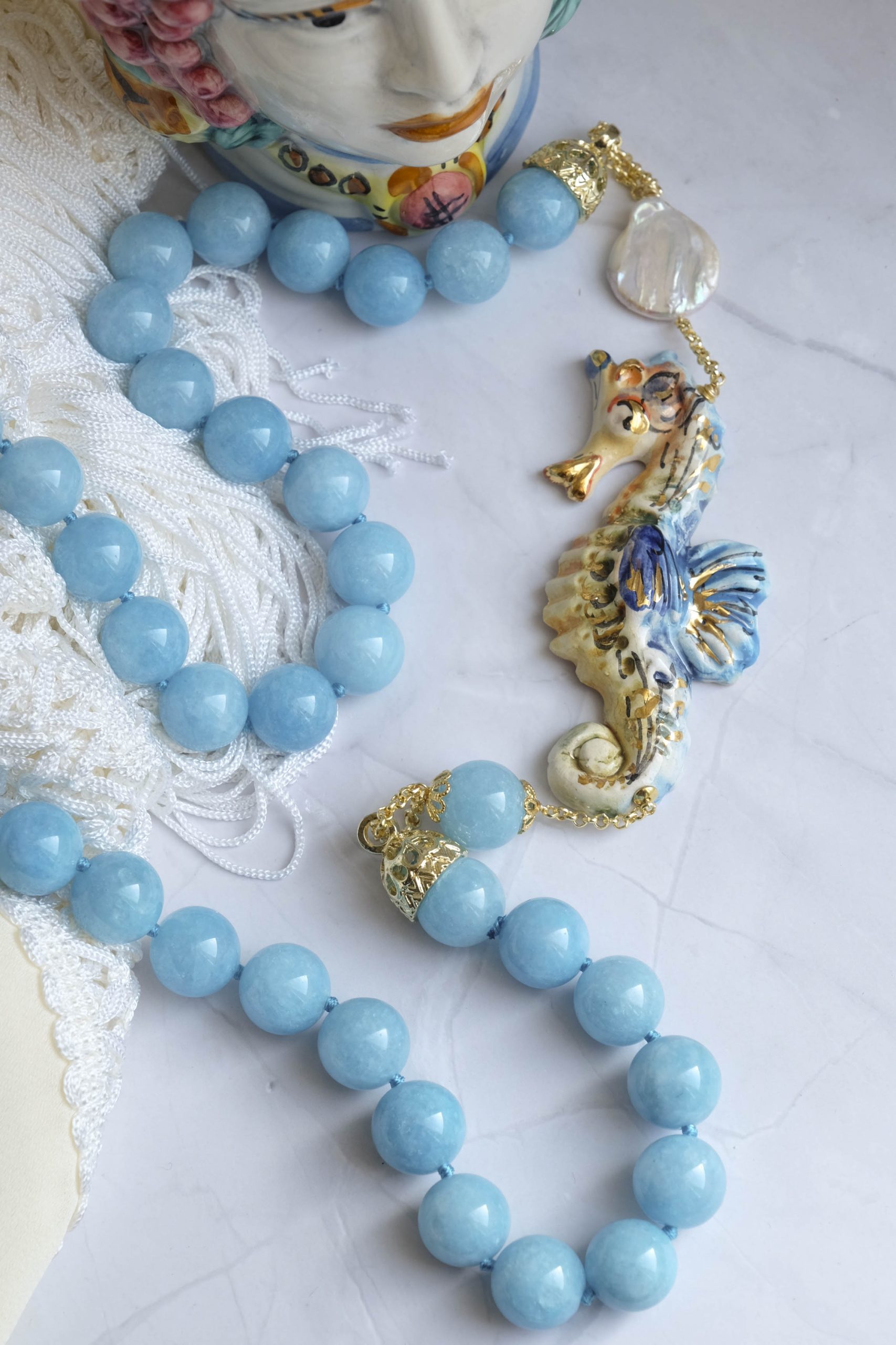 CALTAGIRONE CERAMIC ANGELITE AND SEAHORSE NECKLACE (5)