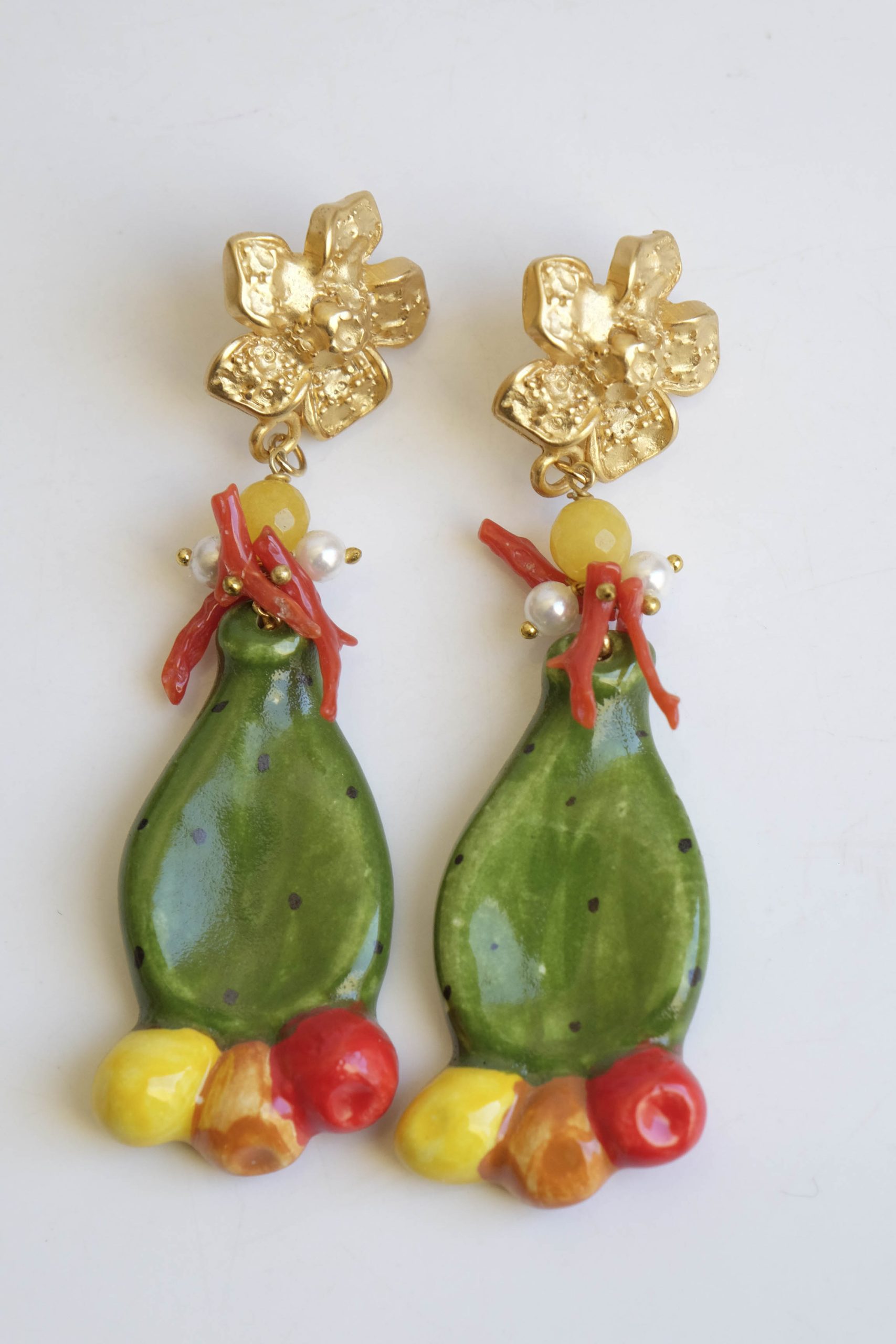 ORECCHINI FICO D'INDIA CERAMICA PERLE CORALLO GIADA GIALLA (2)