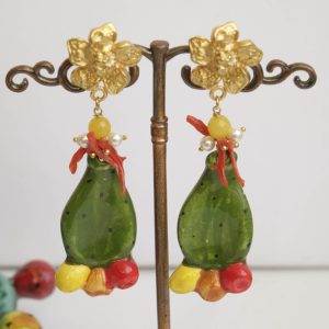 Orecchini Ficodindia Ceramica di Caltagirone Perle Corallo
