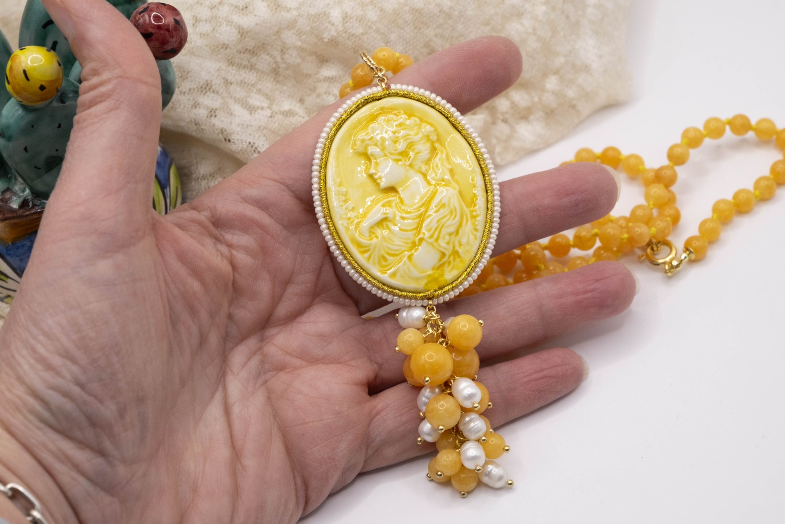 COLLANA CAMMEO SICILIANO CERAMICA GIADA PERLE (1)