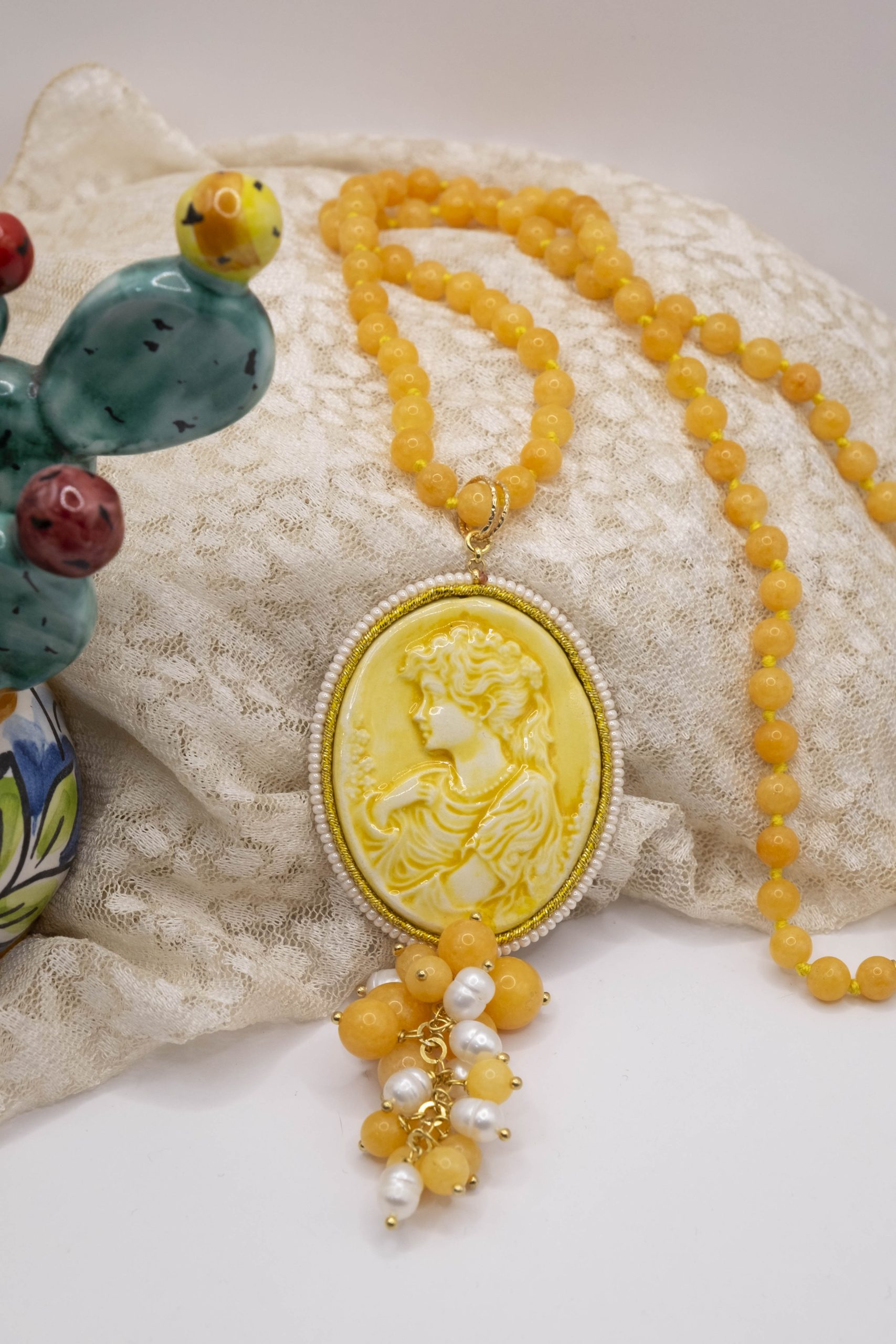 COLLANA CAMMEO SICILIANO CERAMICA GIADA PERLE (4)