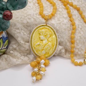Collana Cammeo Ceramica di Caltagirone Giada Gialla Perle