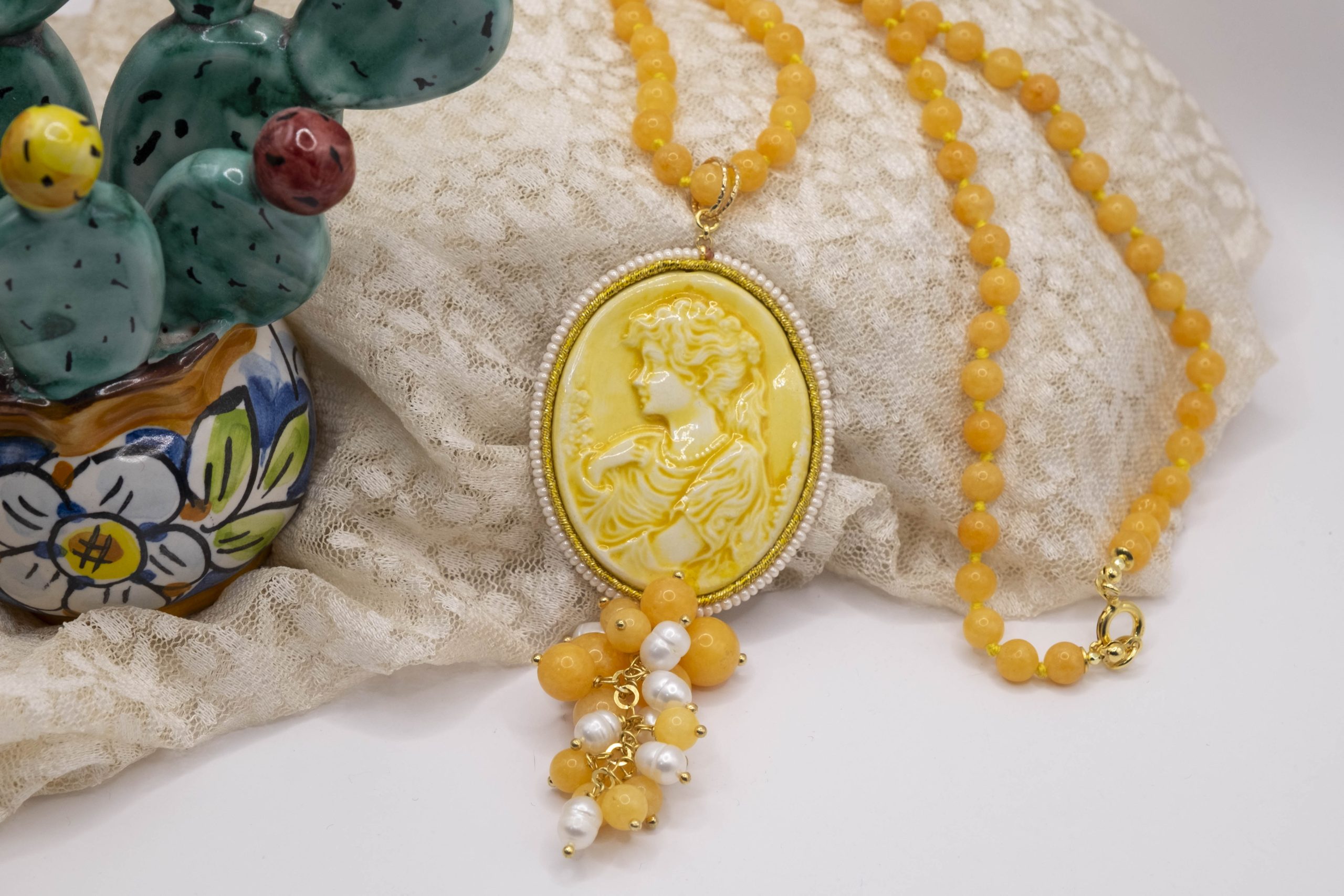 COLLANA CAMMEO SICILIANO CERAMICA GIADA PERLE (5)