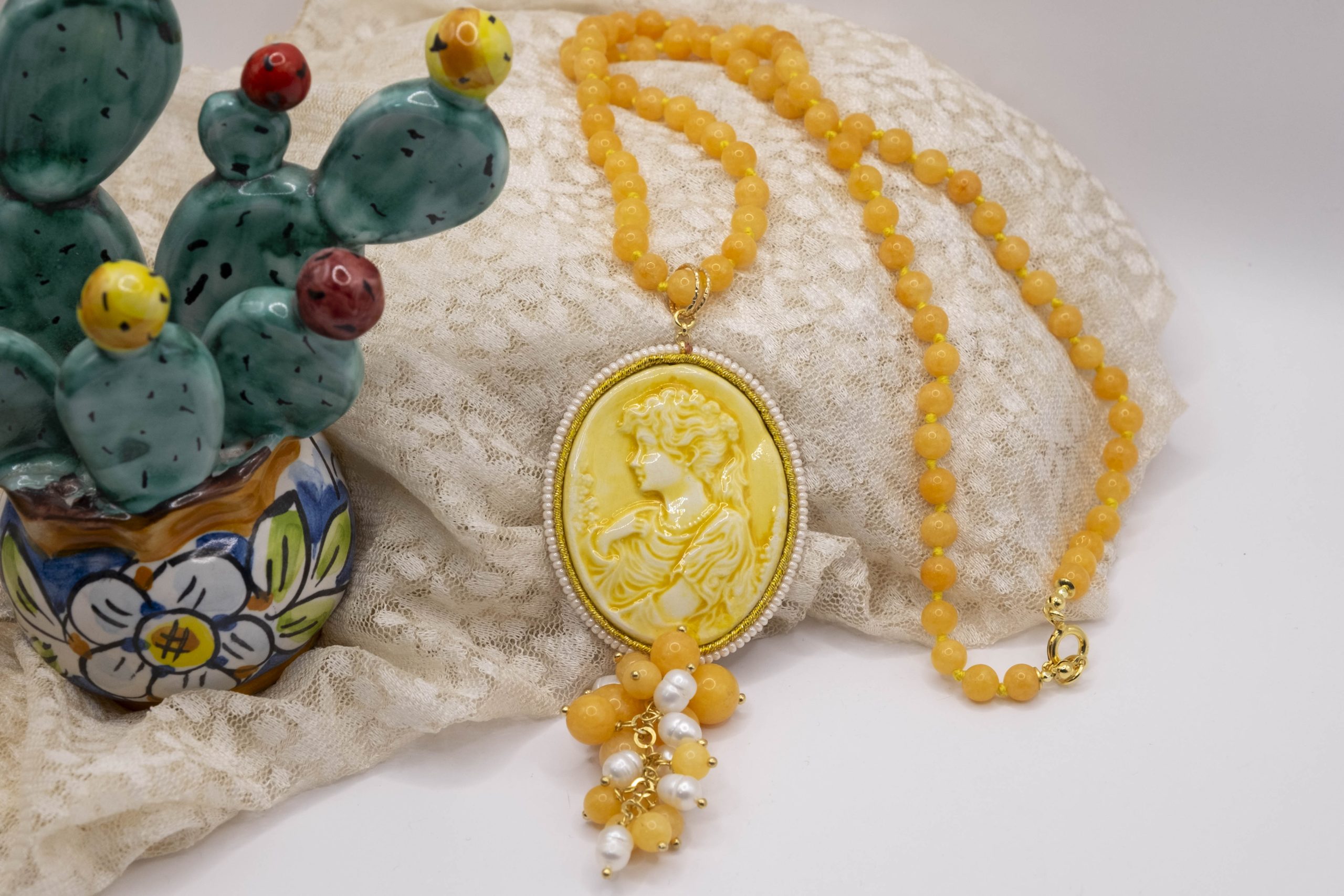 COLLANA CAMMEO SICILIANO CERAMICA GIADA PERLE (6)