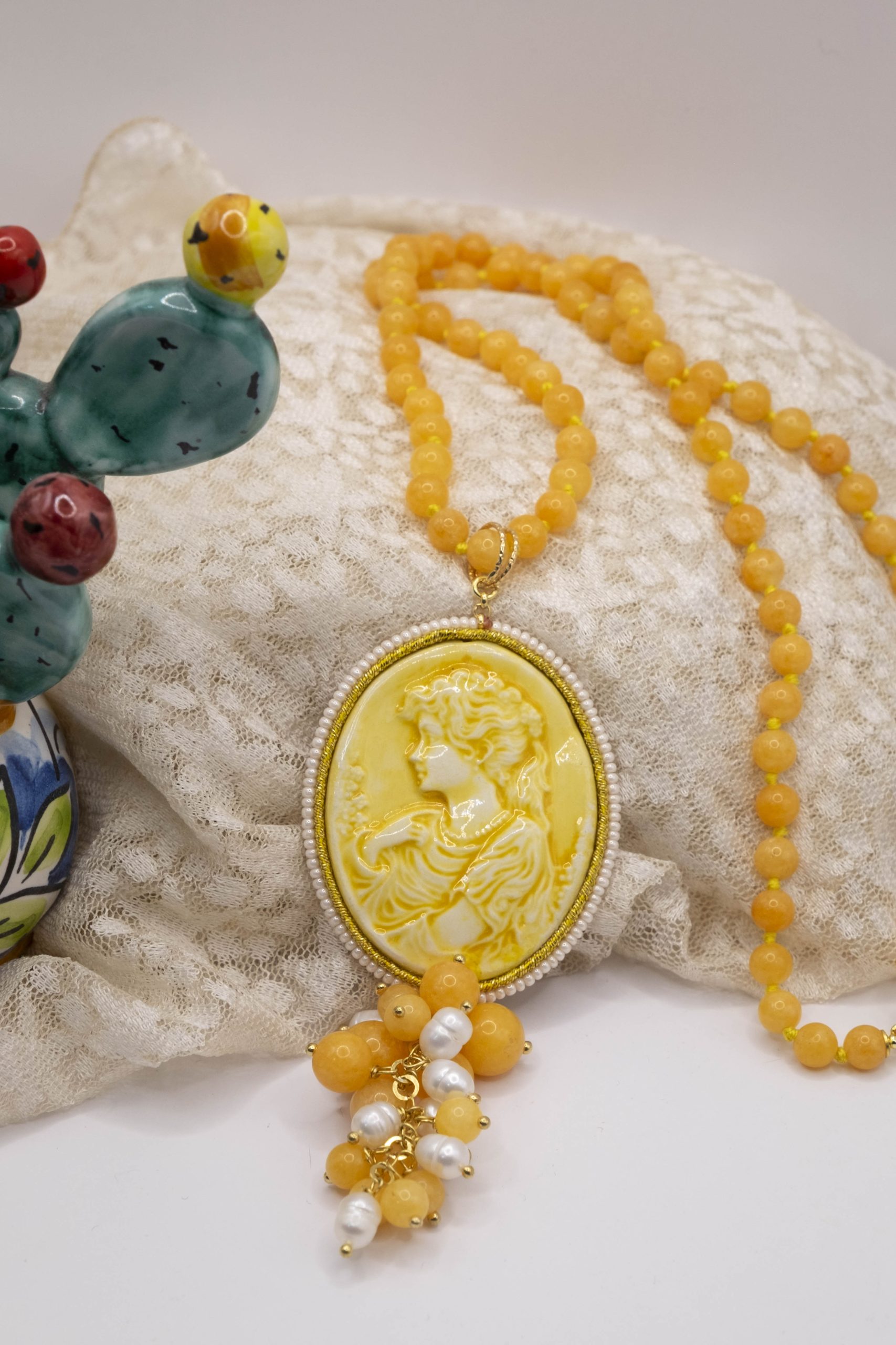 COLLANA CAMMEO SICILIANO CERAMICA GIADA PERLE (7)