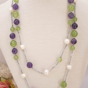Collana Lunga Giada Verde Ametista Perle Naturali Ematite