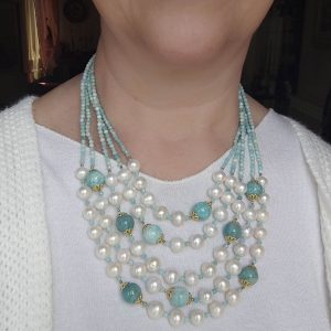 Collana Multifilo Perle Naturali Amazzonite e Argento