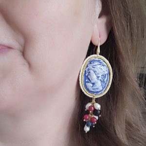 Orecchini Cammeo Ceramica di Caltagirone Giada Blu Borgogna Perle